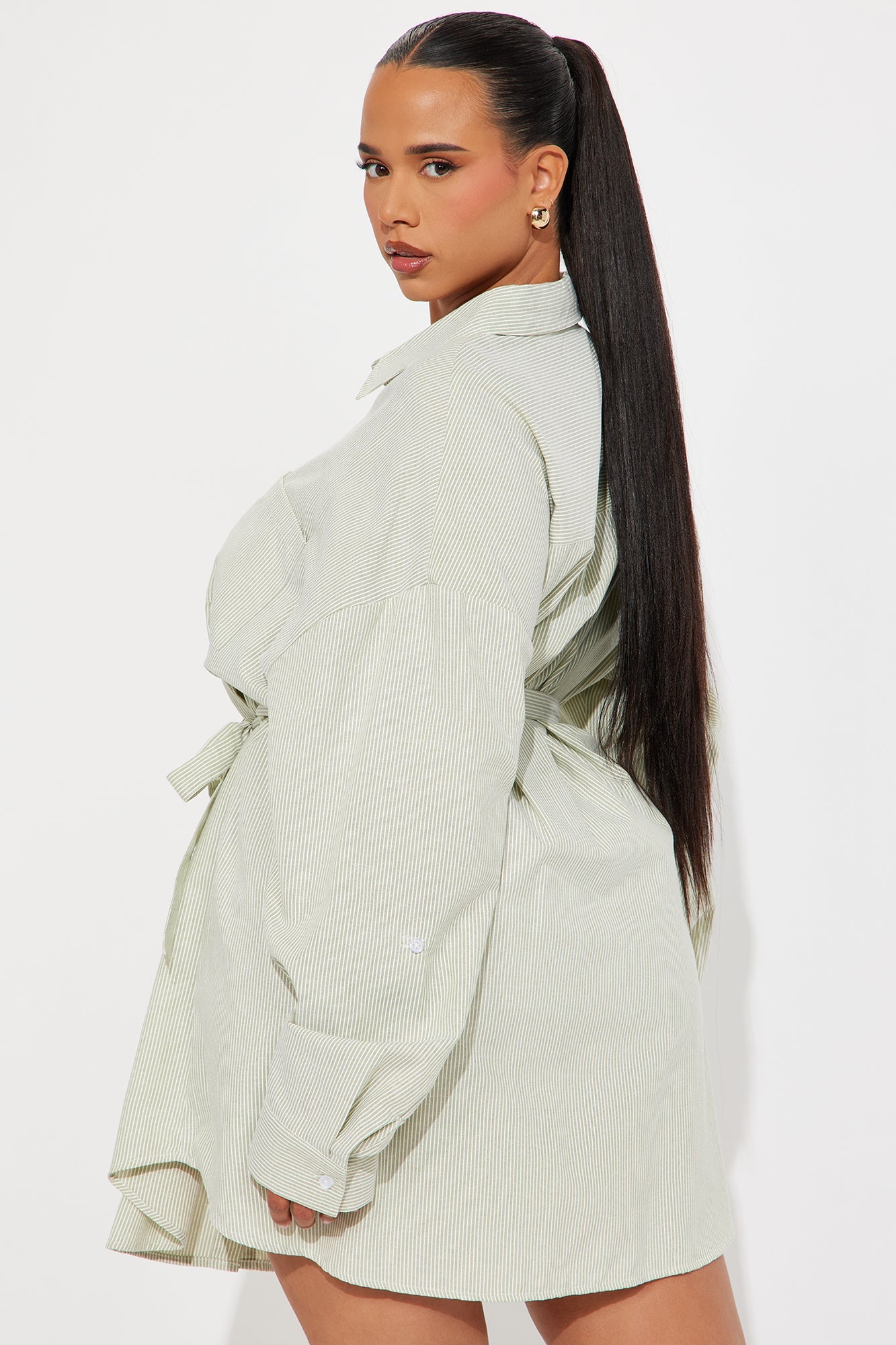 Morgan Pinstripe Shirt Mini Dress - Olive/combo