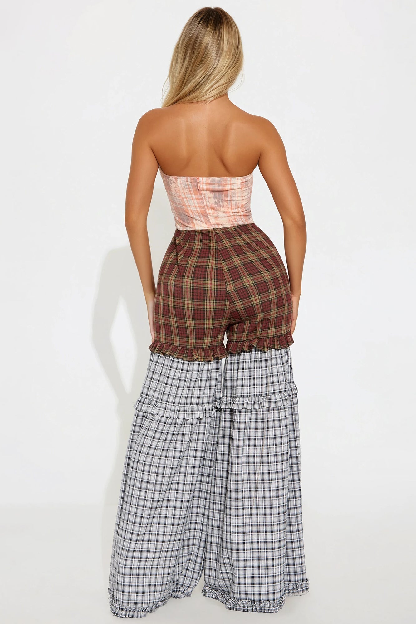 Tokyo Trip Plaid Wide Leg Jumpsuit - Pink/combo