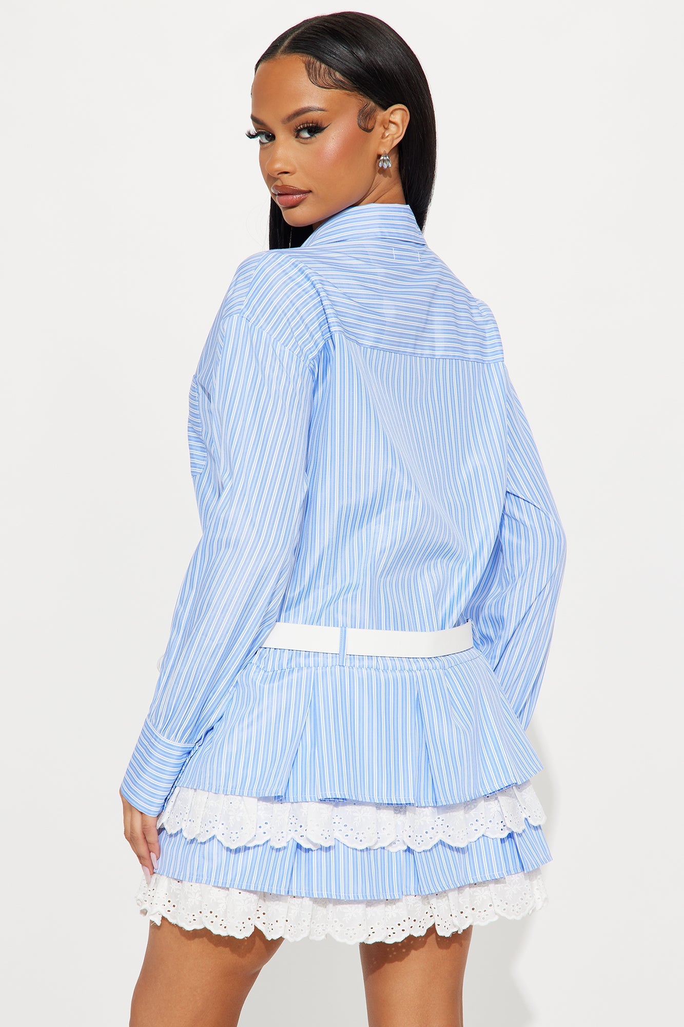 Clara Ruffle Poplin Mini Shirt Dress - Blue/combo