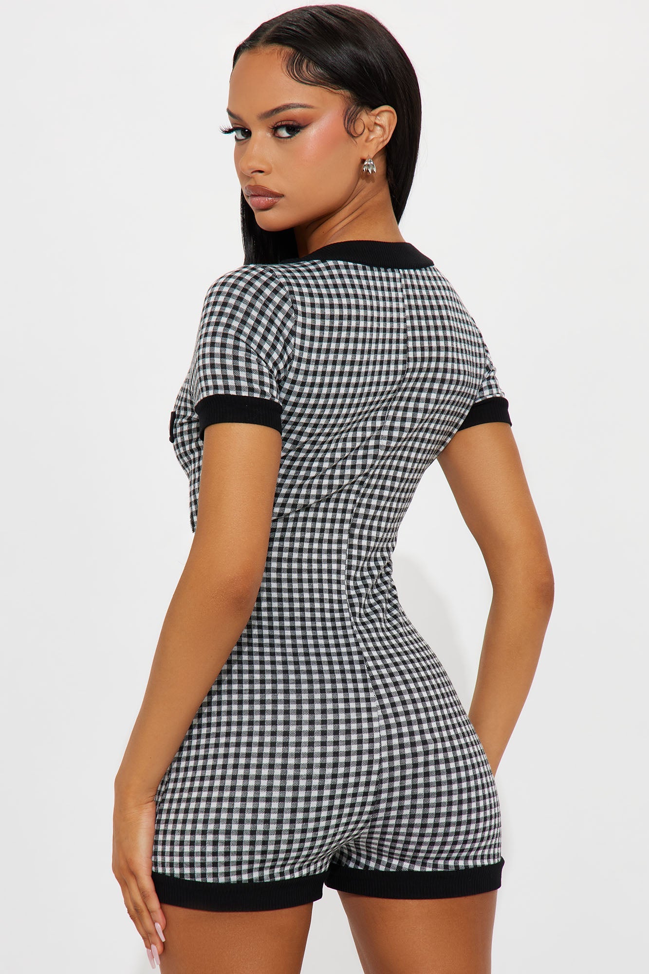 Check And Mate Plaid Booty Shorts Romper - Black/combo