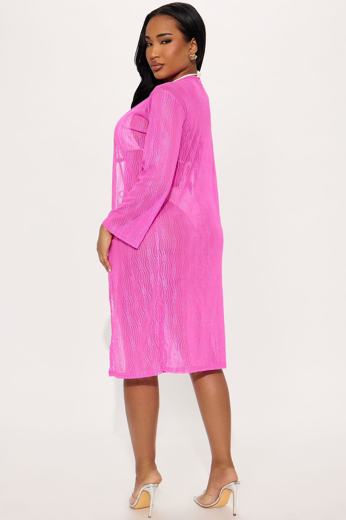 Summer Wave Textured Mesh Cover Up Kimono - Pink