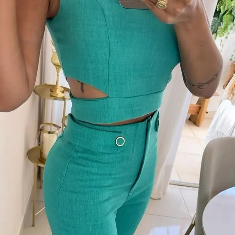 Hyacinth – Chic Cropped Top High Waist Long Pants Suits