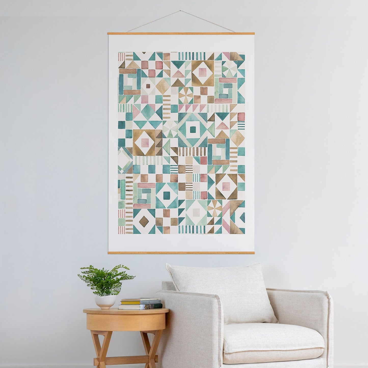 Ninola Design Charming Nostalgia Geometric Tiles Patchwork Aqua Pink Gold Art Print