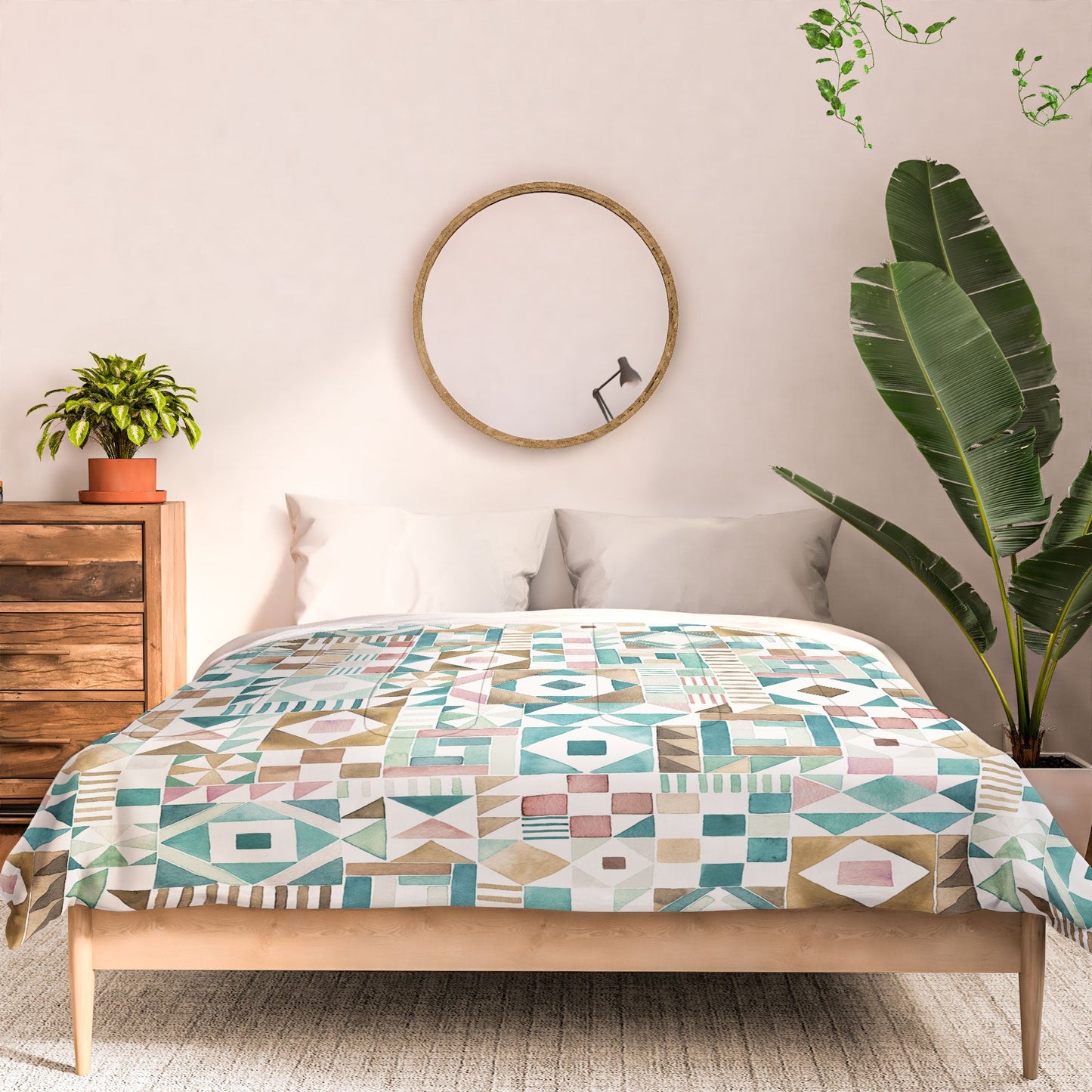 Ninola Design Charming Nostalgia Geometric Tiles Patchwork Aqua Pink Gold Comforter