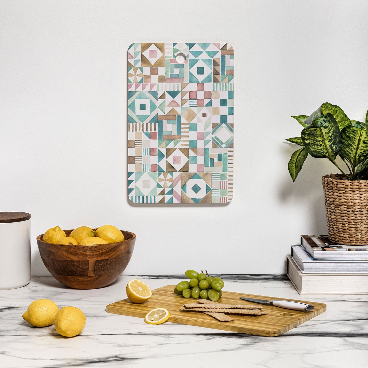 Ninola Design Charming Nostalgia Geometric Tiles Patchwork Aqua Pink Gold Cutting Board Rectangle