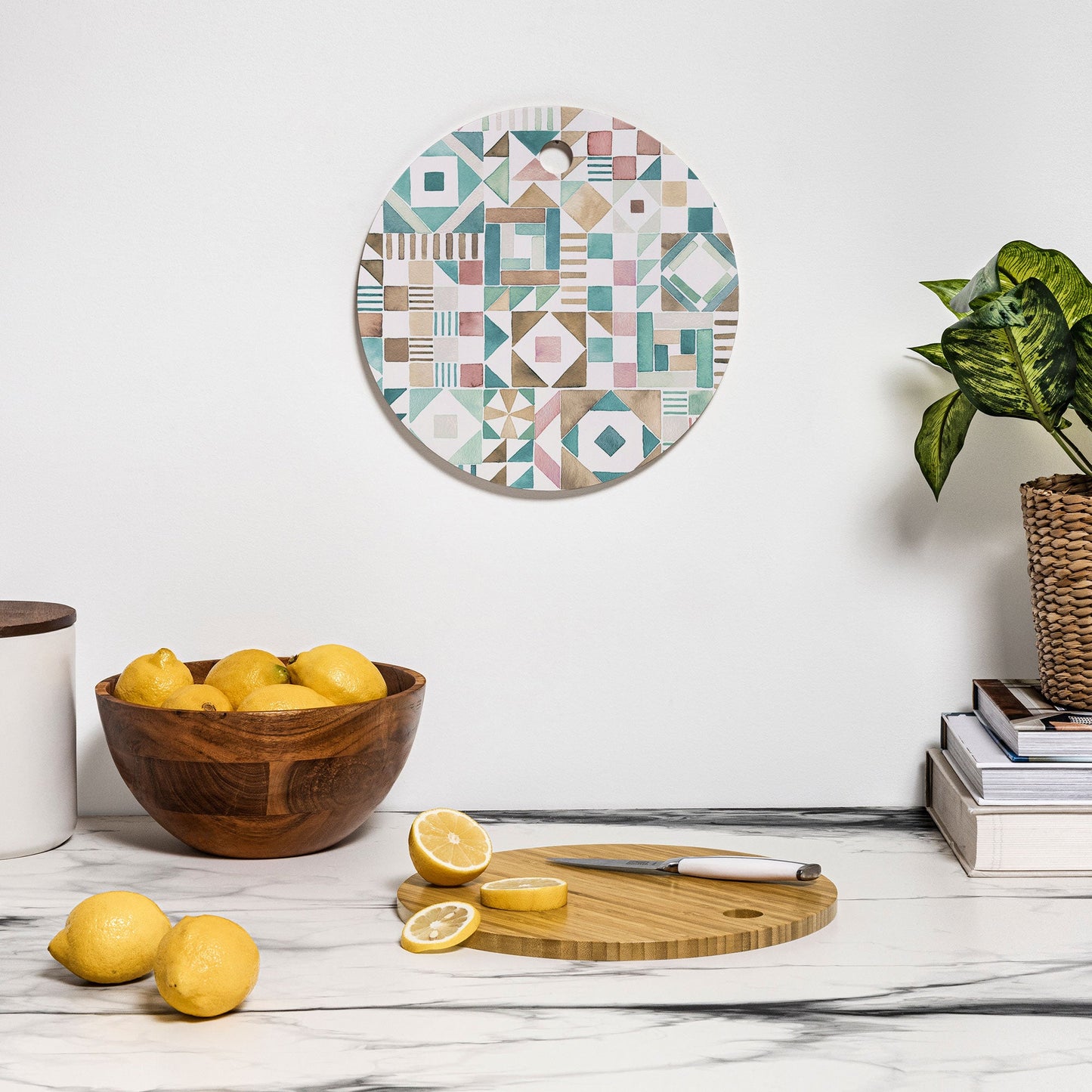 Ninola Design Charming Nostalgia Geometric Tiles Patchwork Aqua Pink Gold Cutting Board Round