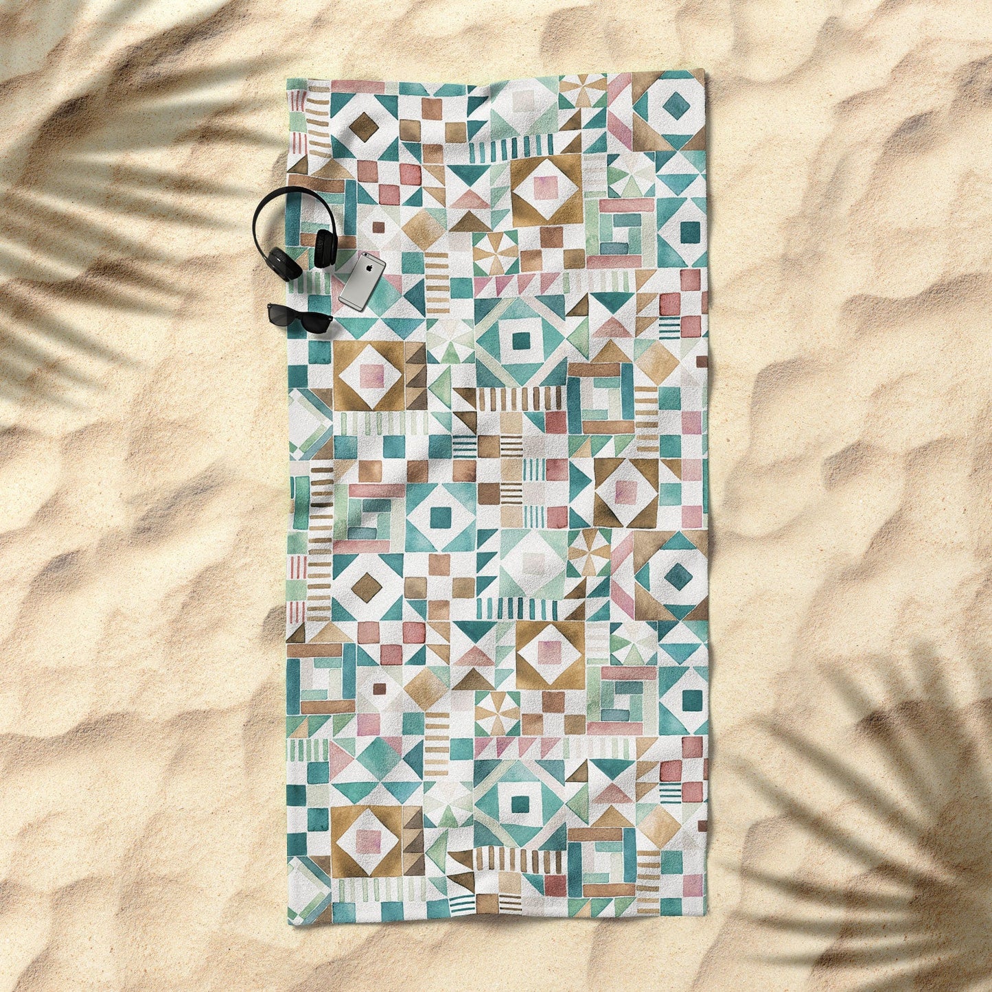 Ninola Design Charming Nostalgia Geometric Tiles Patchwork Aqua Pink Gold Beach Towel