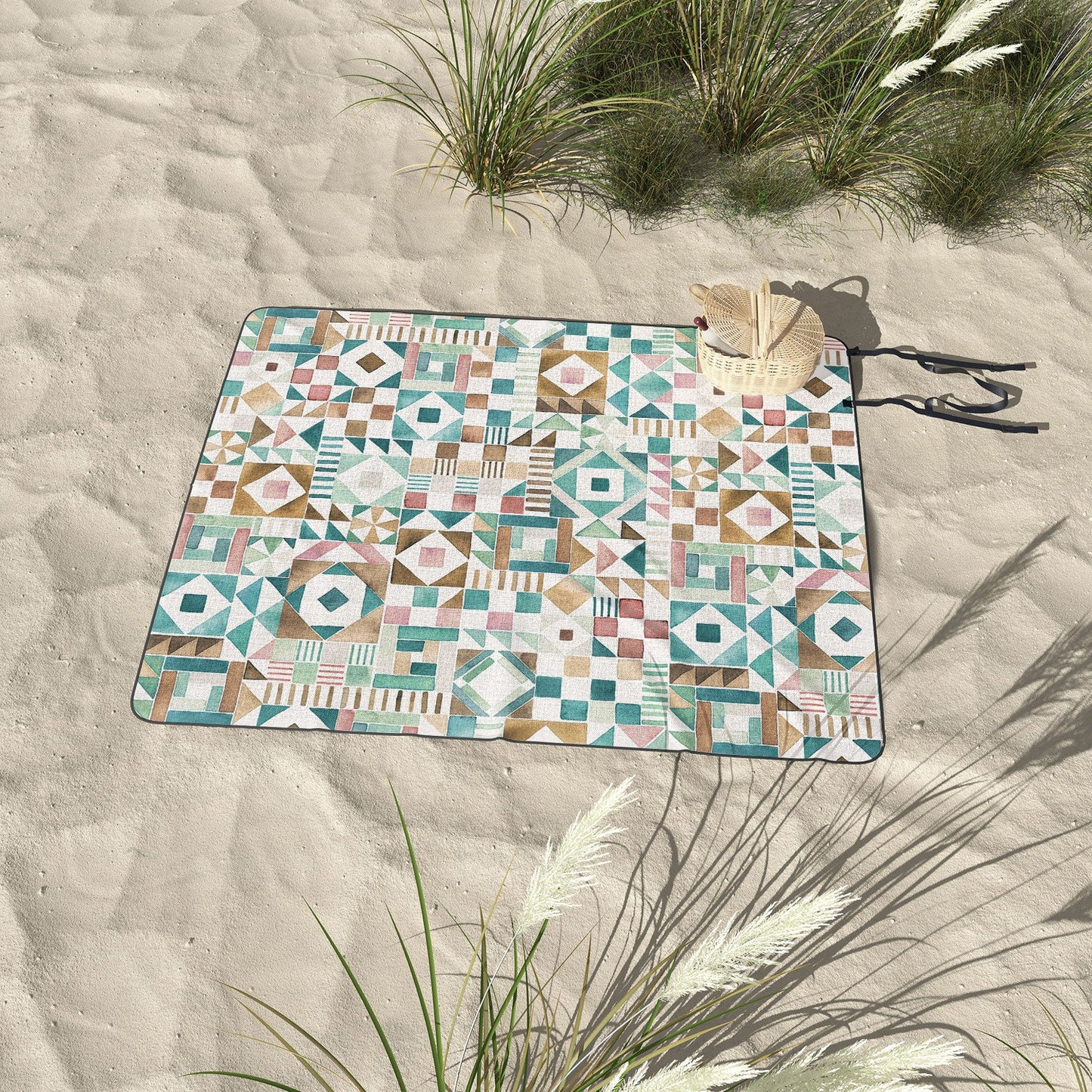 Ninola Design Charming Nostalgia Geometric Tiles Patchwork Aqua Pink Gold Picnic Blanket