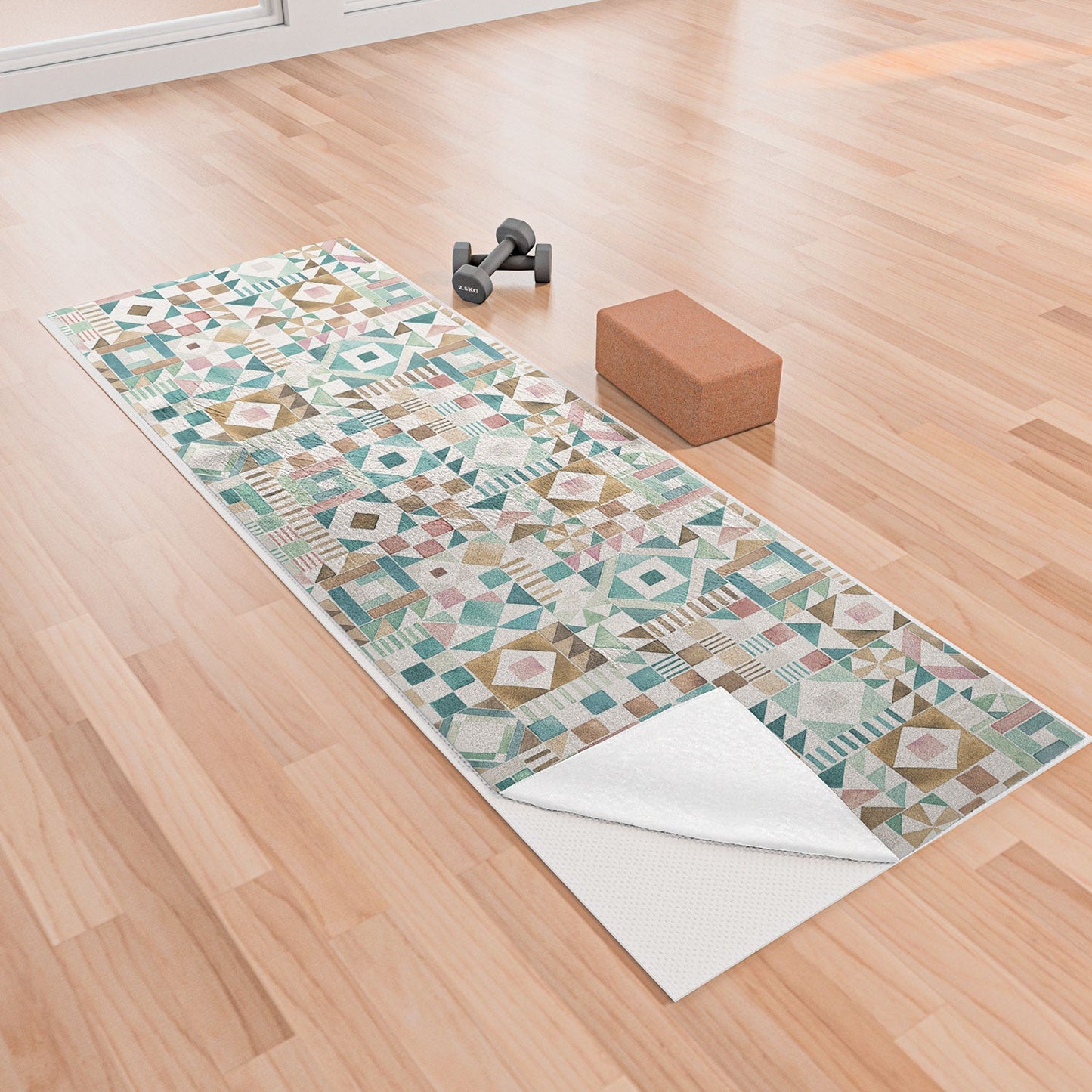 Ninola Design Charming Nostalgia Geometric Tiles Patchwork Aqua Pink Gold Yoga Towel