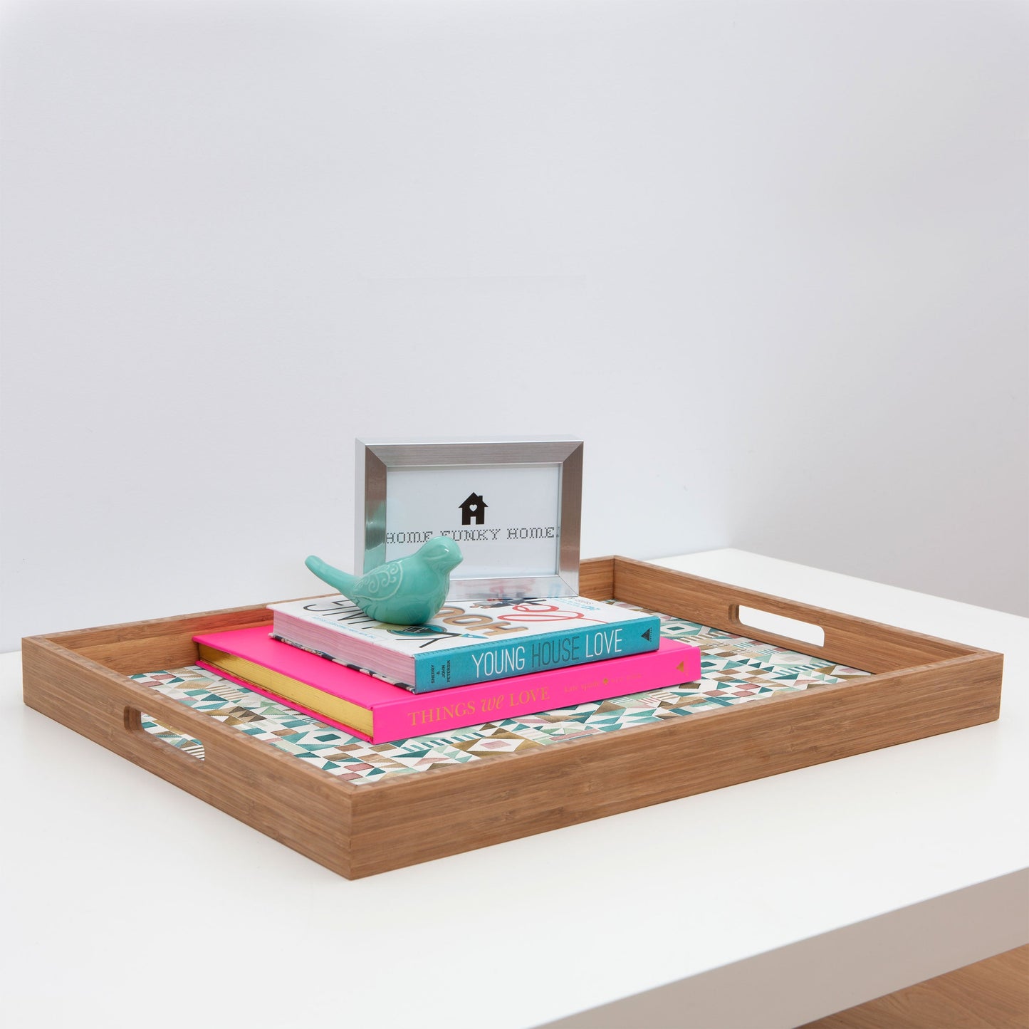 Ninola Design Charming Nostalgia Geometric Tiles Patchwork Aqua Pink Gold Rectangular Tray