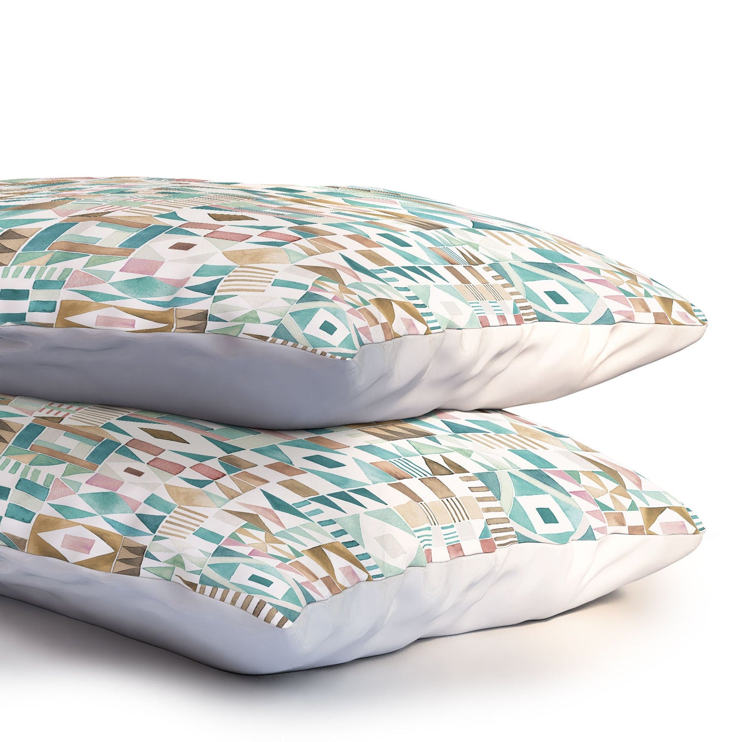 Ninola Design Charming Nostalgia Geometric Tiles Patchwork Aqua Pink Gold Pillow Shams