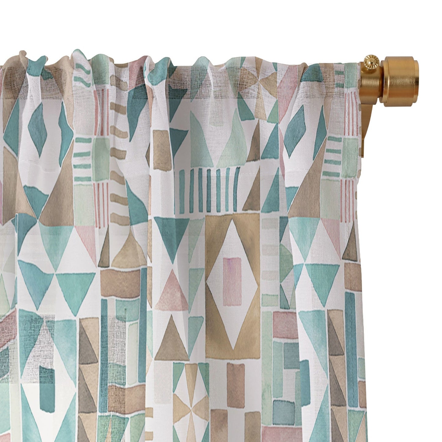 Ninola Design Charming Nostalgia Geometric Tiles Patchwork Aqua Pink Gold Sheer Window Curtain