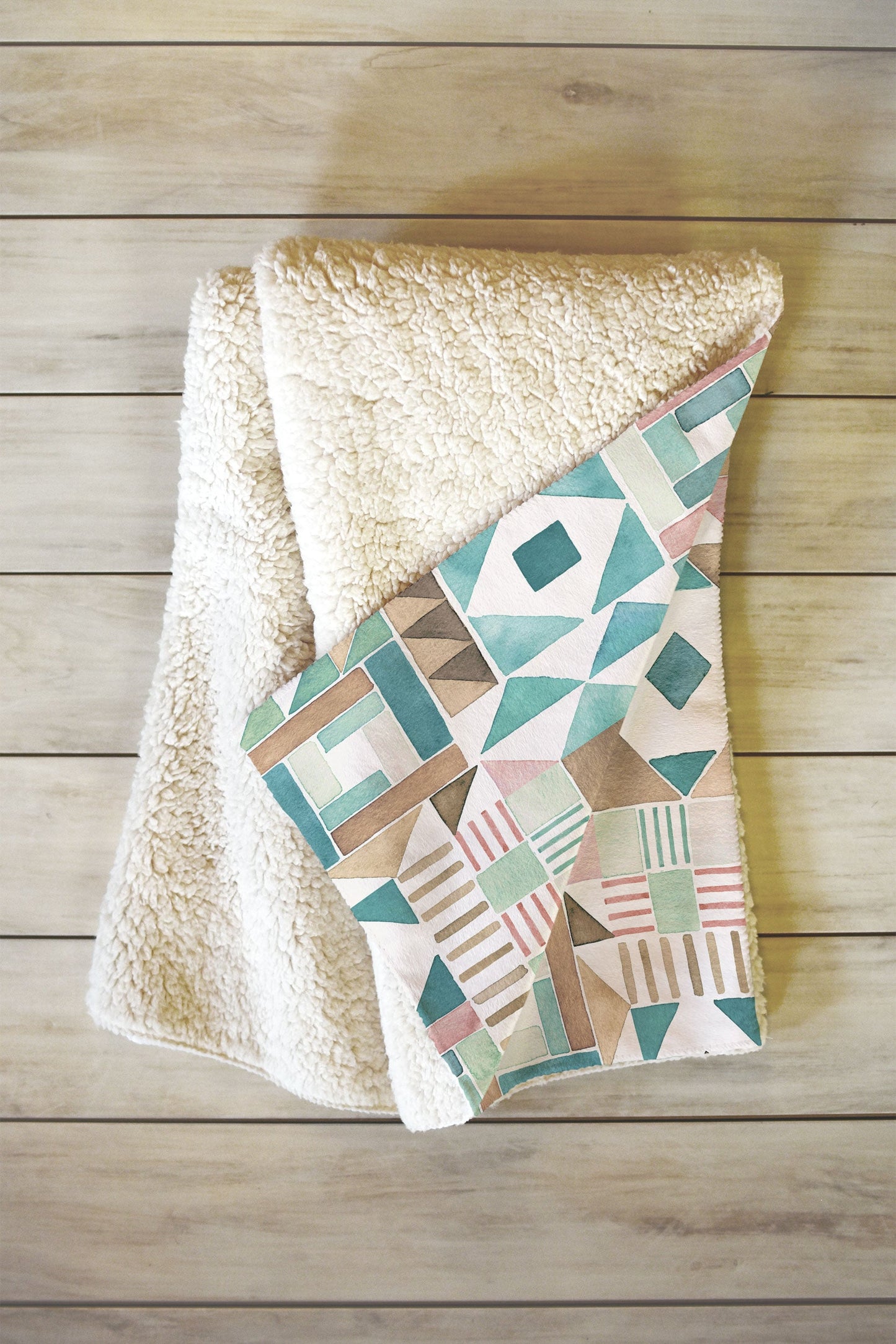 Ninola Design Charming Nostalgia Geometric Tiles Patchwork Aqua Pink Gold Fleece Throw Blanket