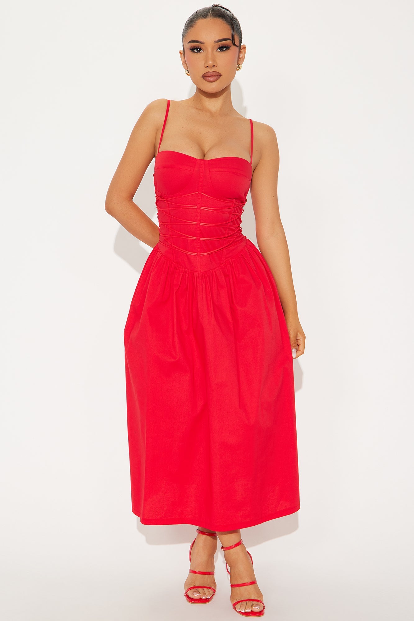 Nelly Stretch Poplin Midi Dress - Red