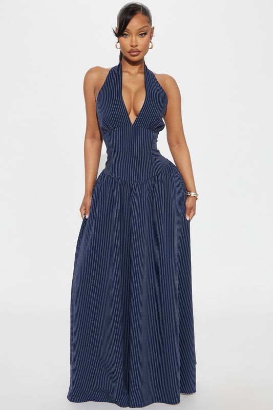 Jayla Pinstripe Halter Maxi Dress - Navy/combo