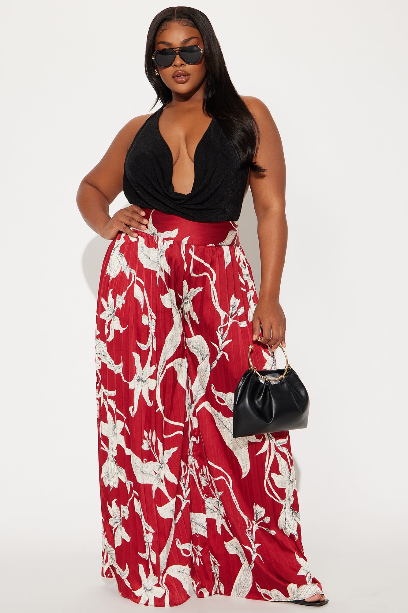 Leila Pleated Satin Wide Leg Pant - Burgundy