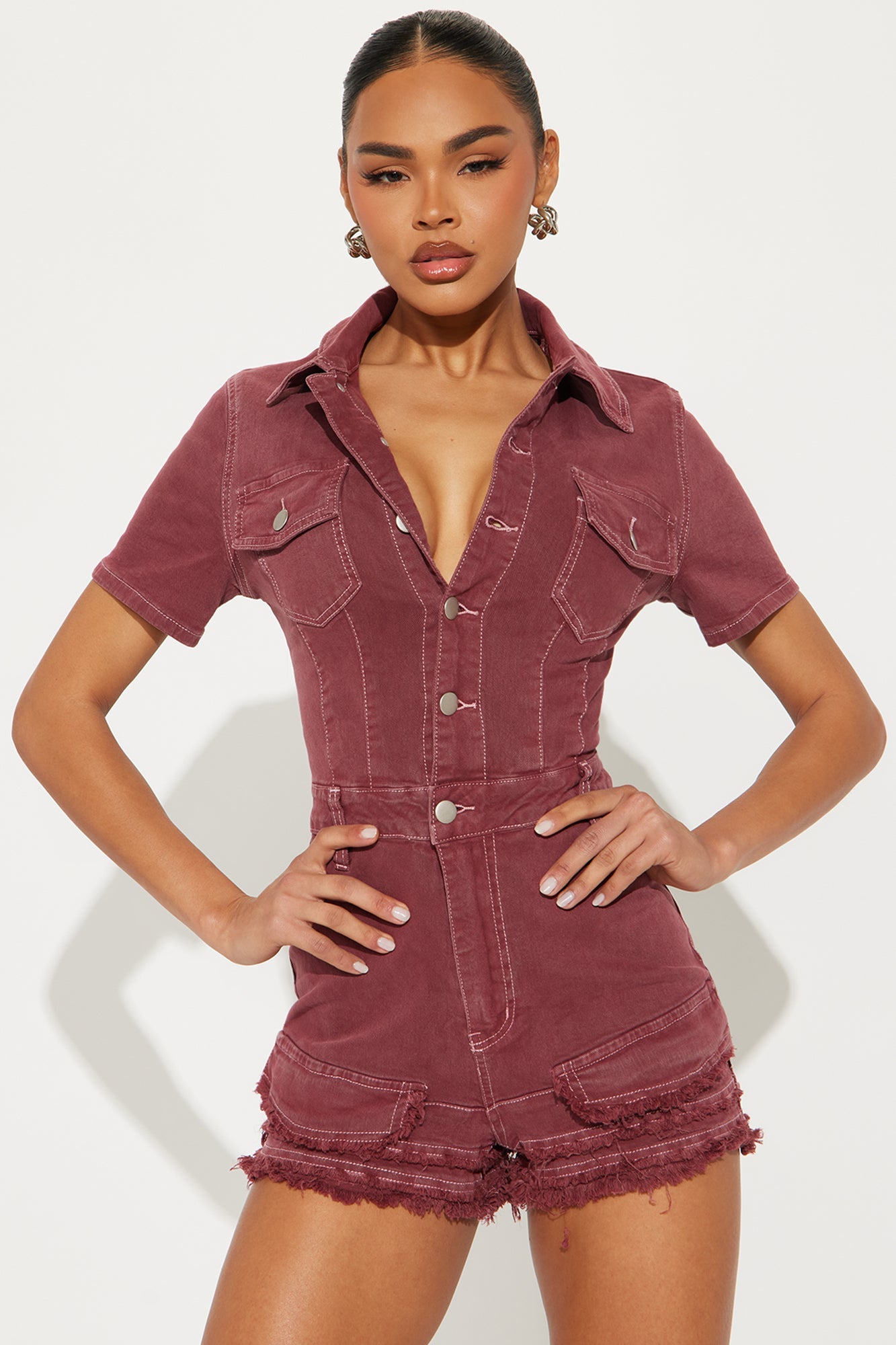 Clara Washed Denim Short Sleeve Romper - Marsala
