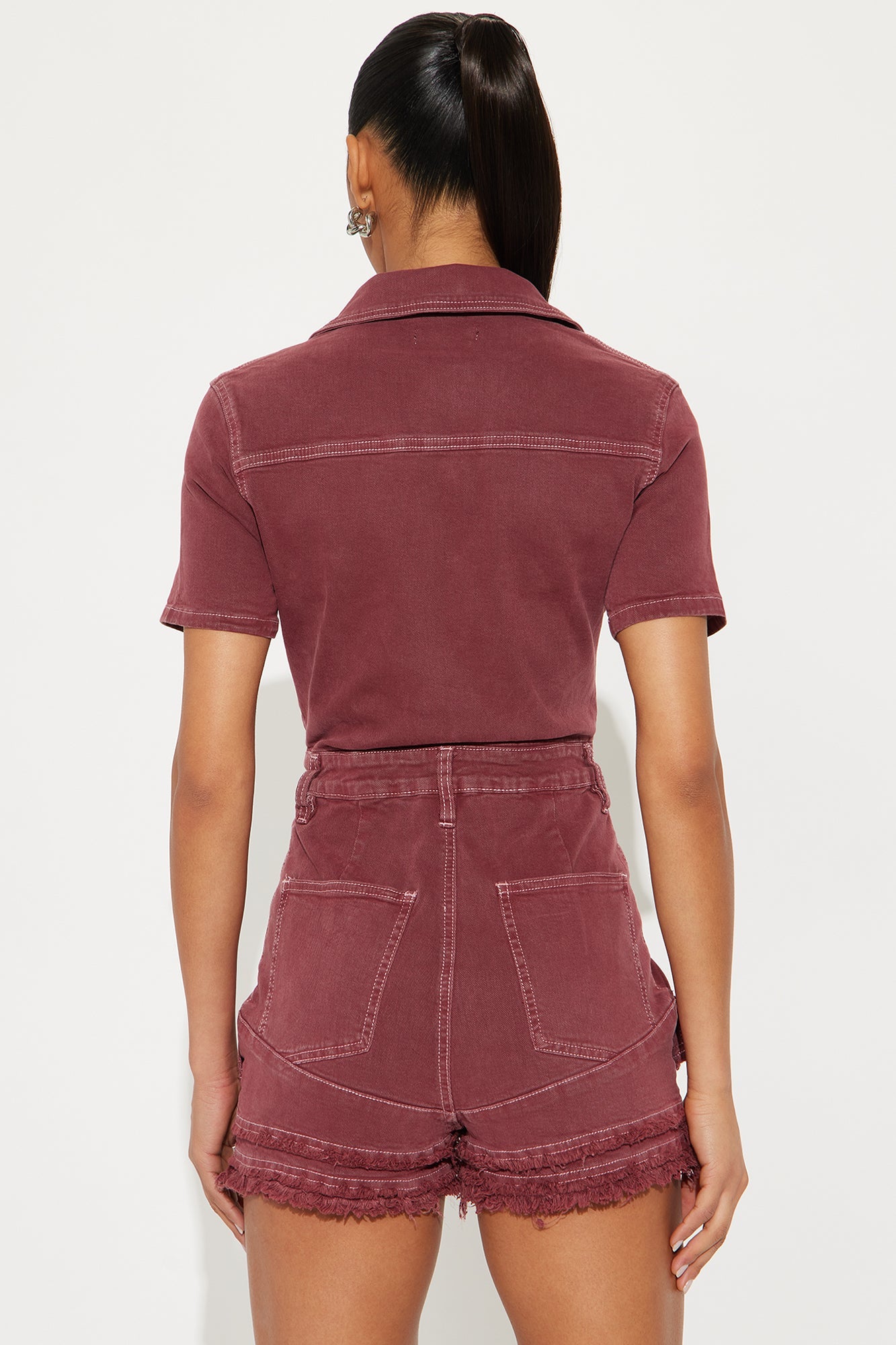 Clara Washed Denim Short Sleeve Romper - Marsala
