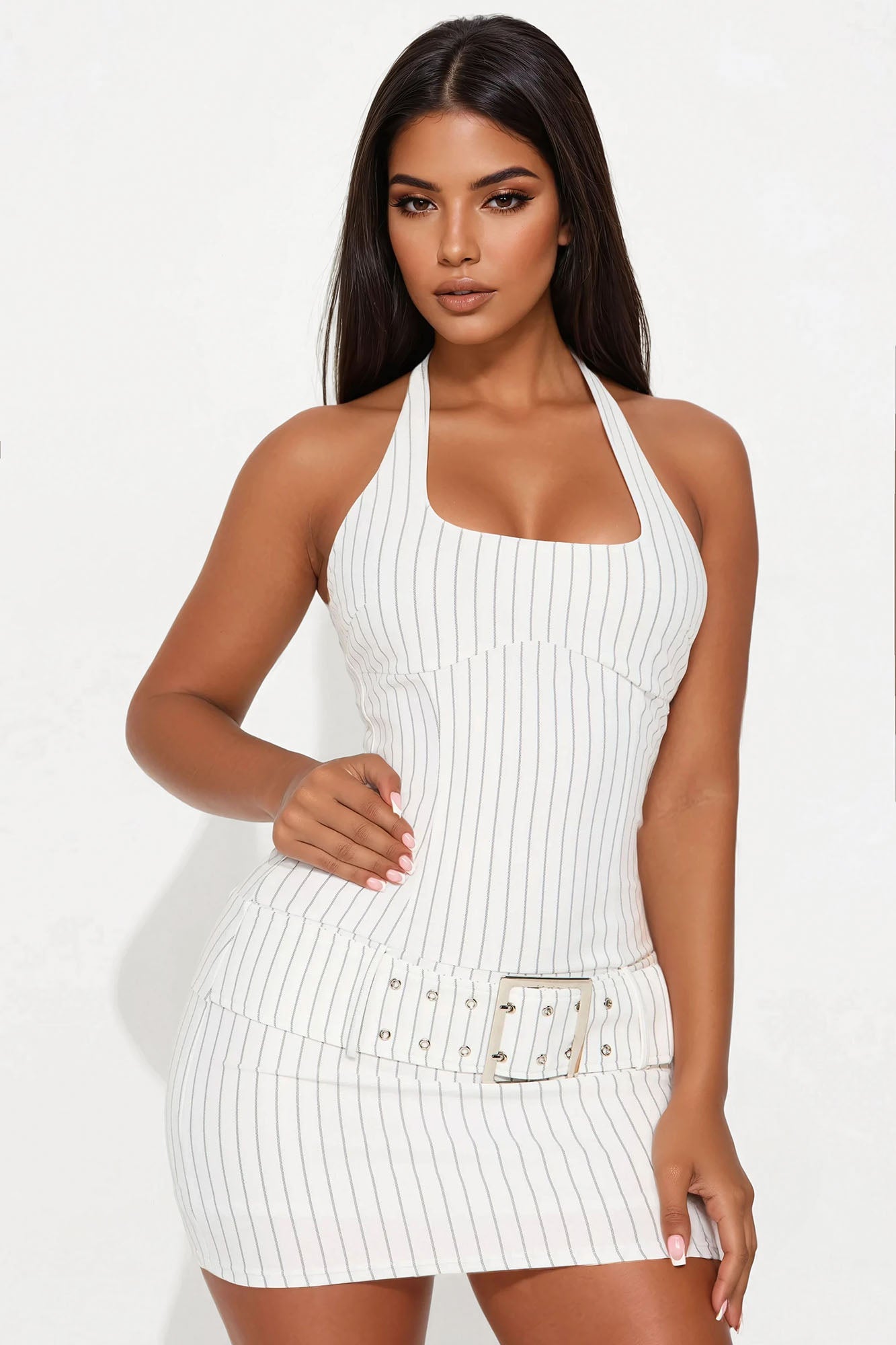 Kristen Pinstripe Halter Mini Dress - White
