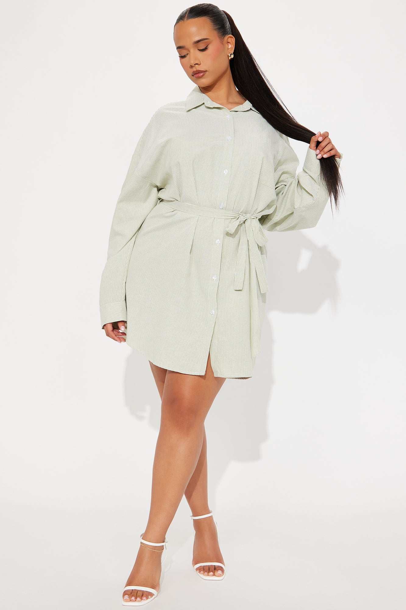 Morgan Pinstripe Shirt Mini Dress - Olive/combo