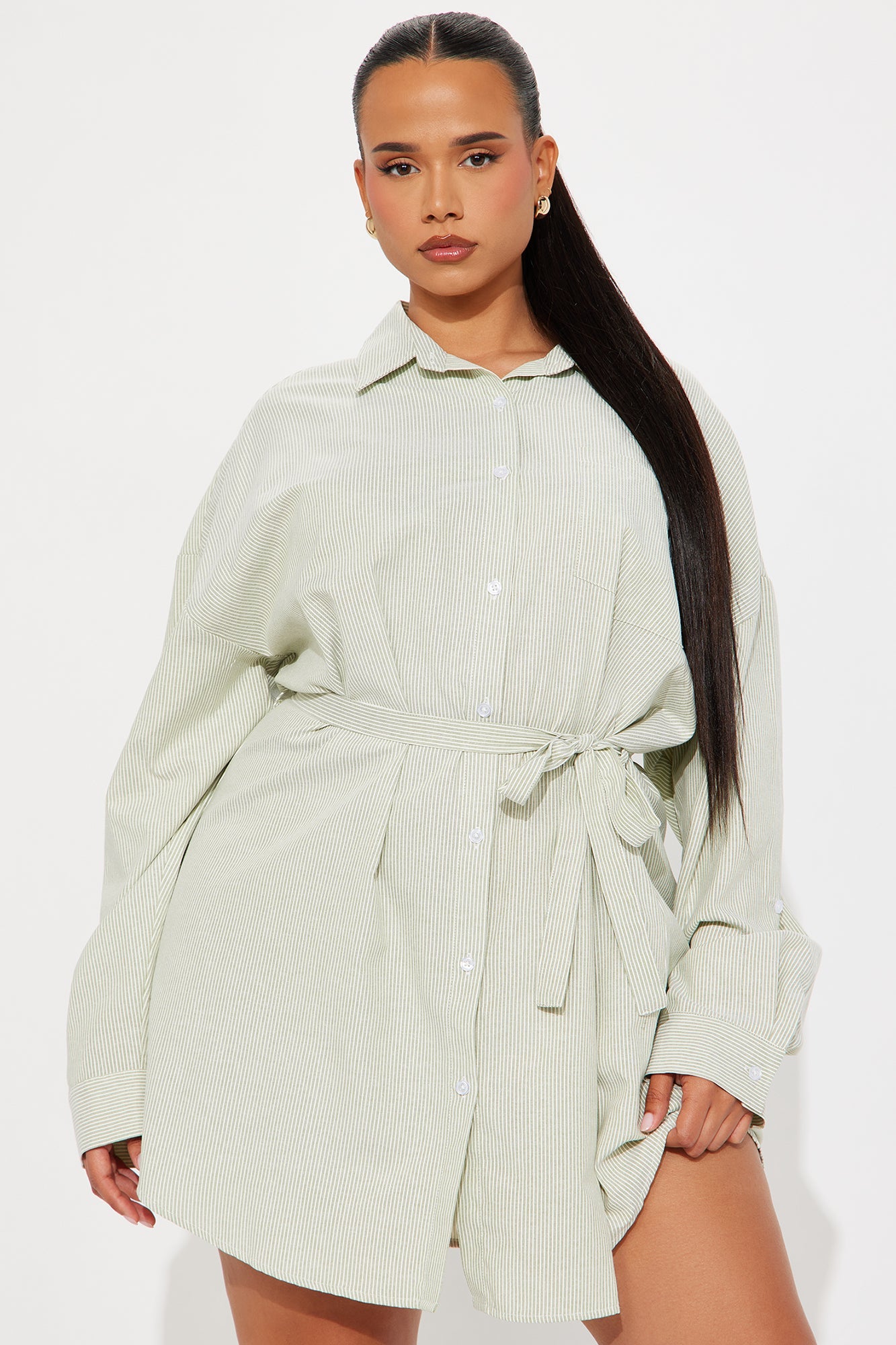 Morgan Pinstripe Shirt Mini Dress - Olive/combo