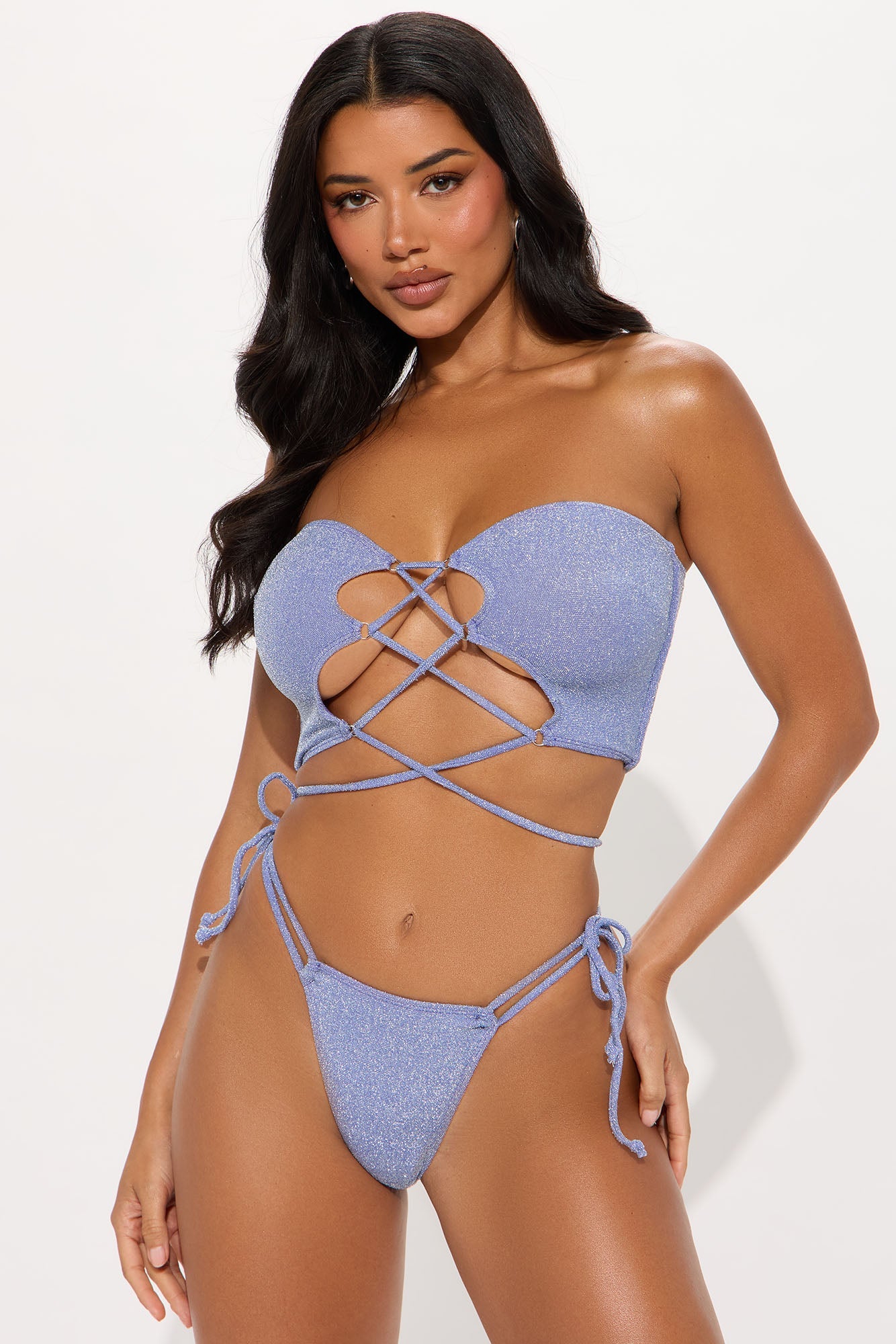 Sultry Summer Strapless Lace-Up Thong Shimmer 2 Piece Bikini - Purple