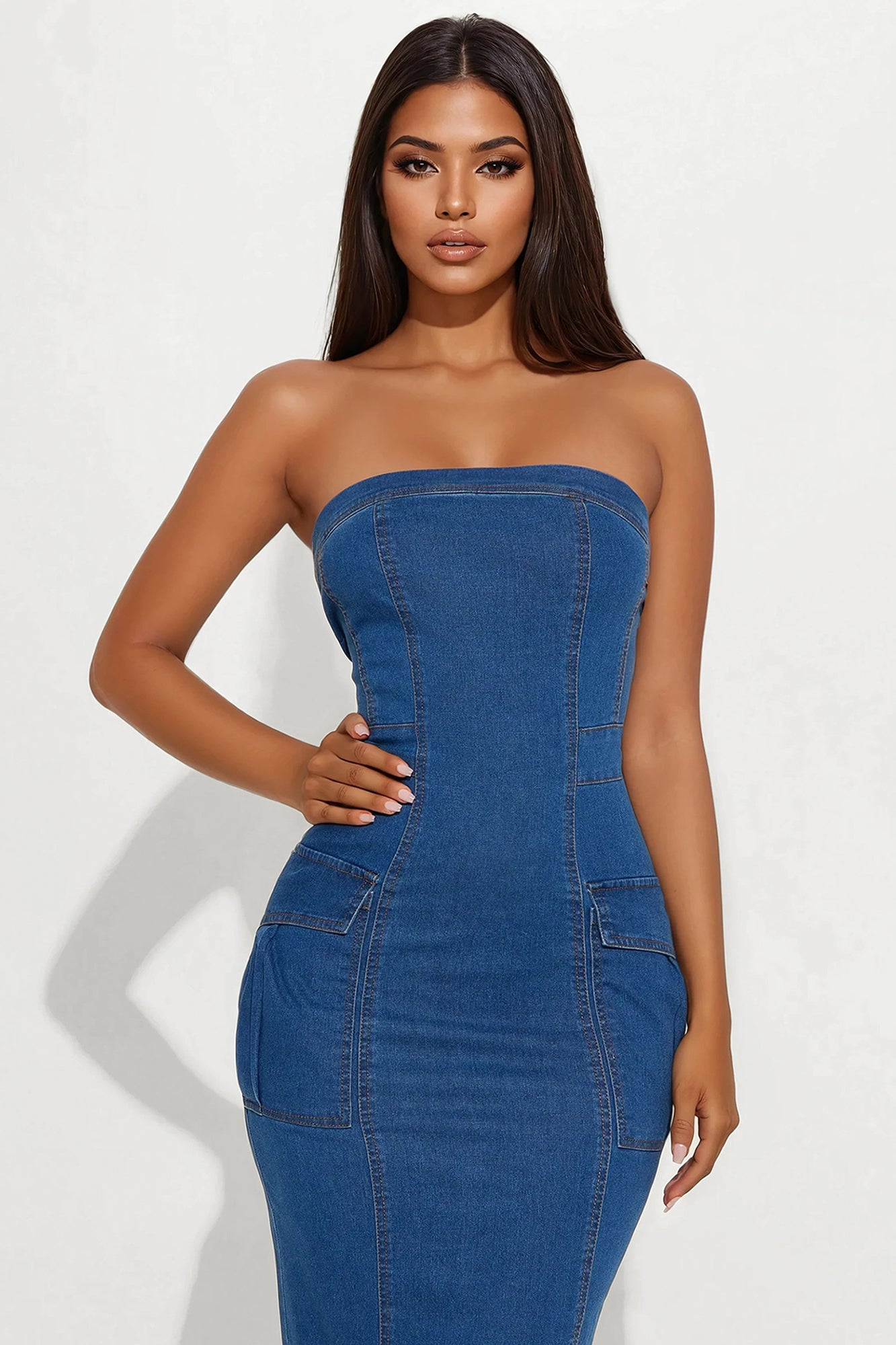Center Of Attention Denim Cargo Midi Dress - Dark Wash