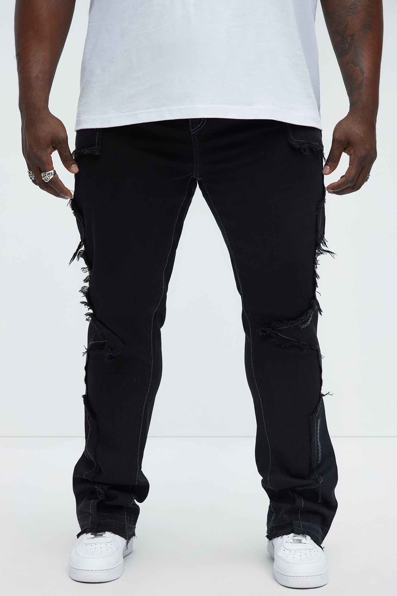 Stacked Skinny Flare Taking It Back Contrast Stitched Fray Jeans - Black