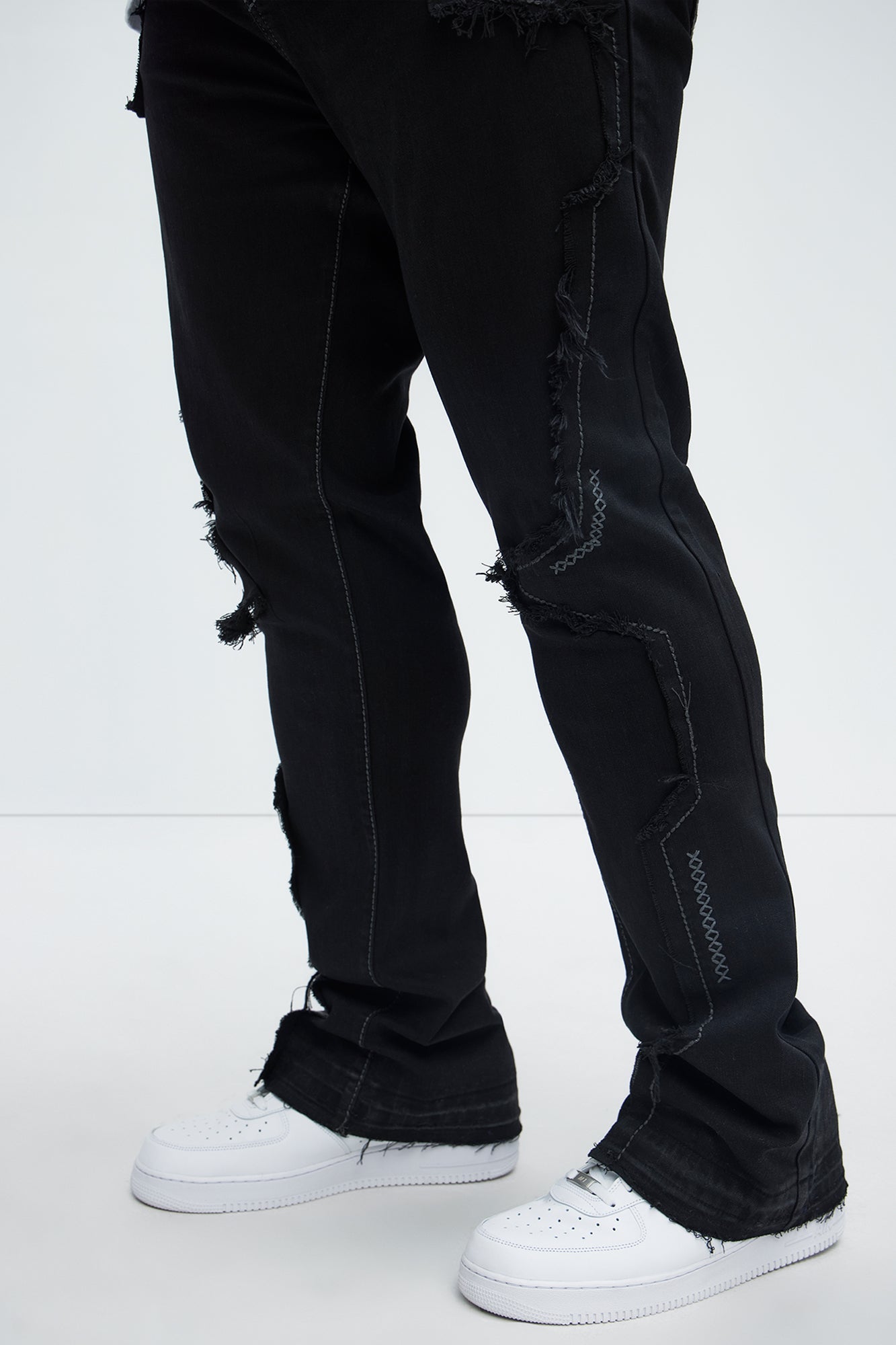 Stacked Skinny Flare Taking It Back Contrast Stitched Fray Jeans - Black