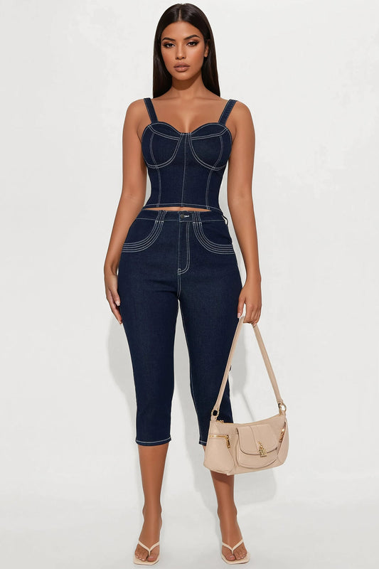 City Girl Denim Capri Set - Dark Wash