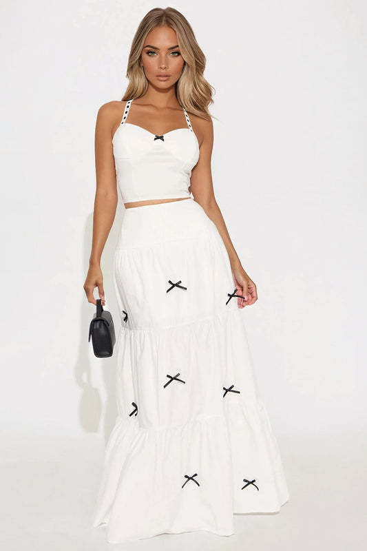 In Love With Bows Tiered Maxi Skirt - White