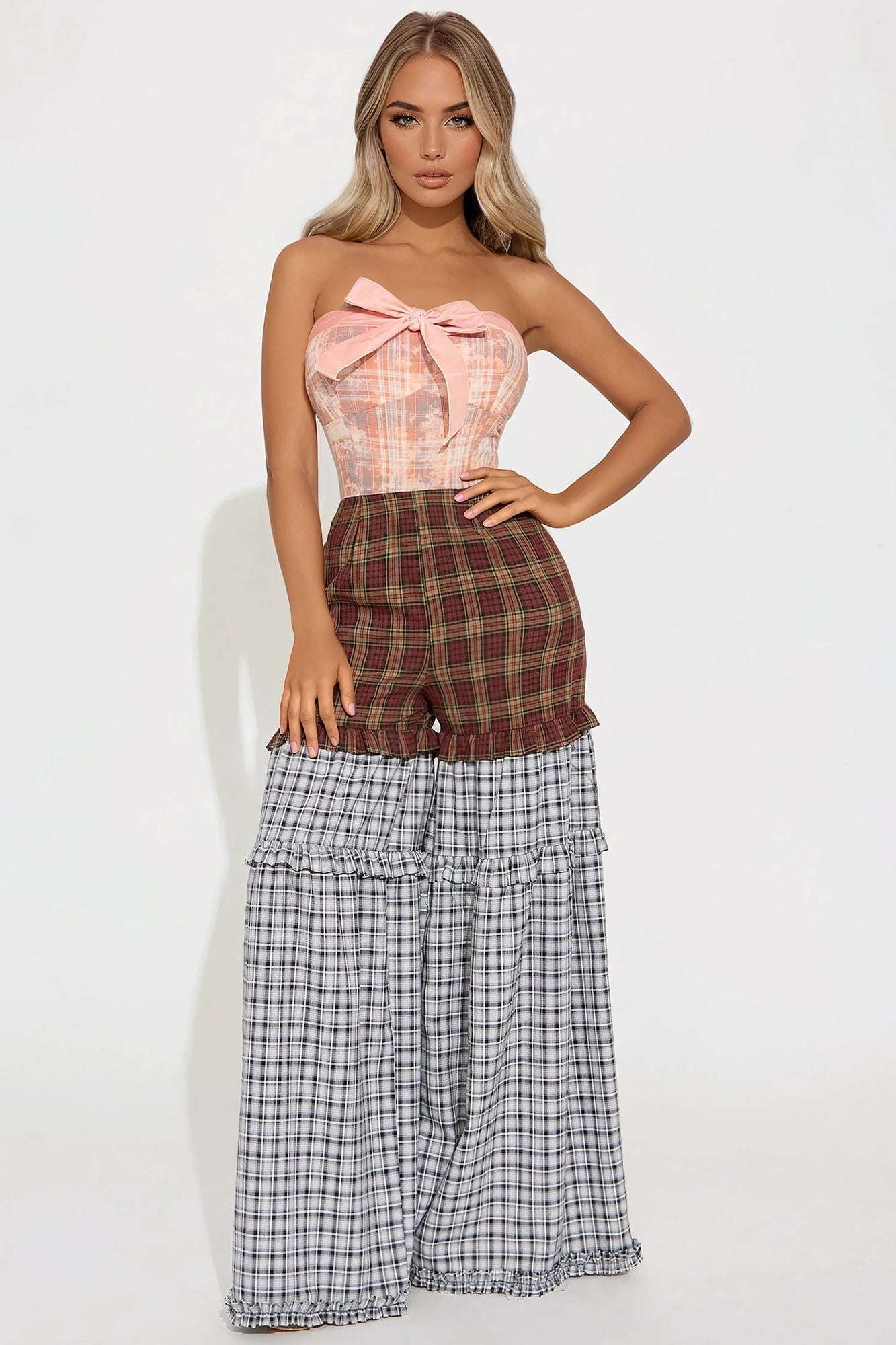 Tokyo Trip Plaid Wide Leg Jumpsuit - Pink/combo