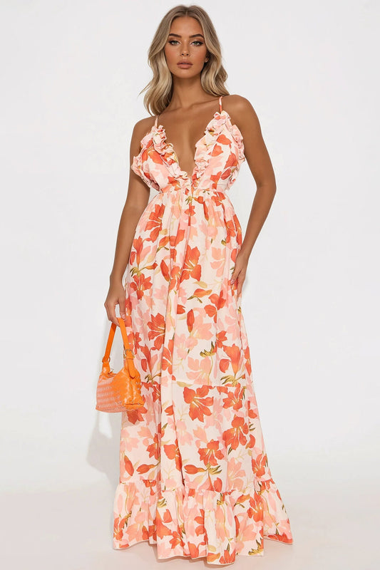 Kyla Floral Maxi Dress - Coral/combo