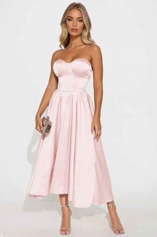 New Beginnings Satin Midi Dress - Blush