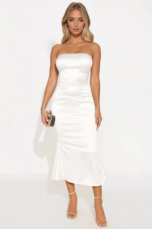 Sweet Attraction Stretch Satin Midi Dress - Ivory