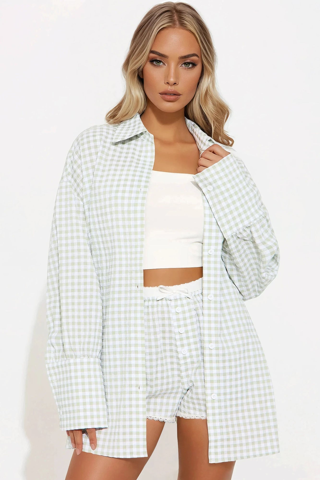 Lily Gingham Boxer Short Set - Sage/combo