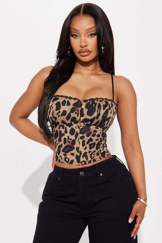 Renee Leopard Corset Lace Trim Top - Leopard