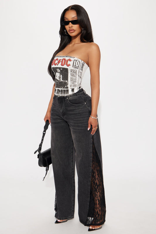She's So Sweet Lace Trim Wide Leg Jeans - Black Wash