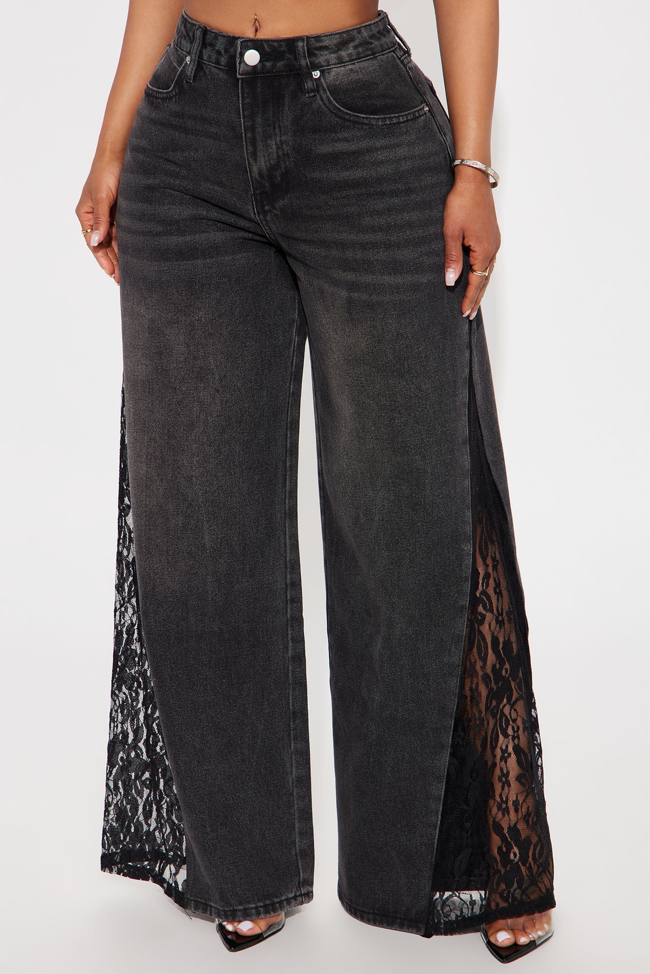 She's So Sweet Lace Trim Wide Leg Jeans - Black Wash