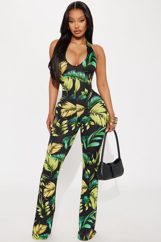 Myra Tropical Flare Jumpsuit - Black/combo