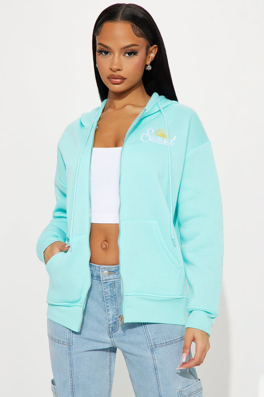 Summer Sunsets Zip Up Hoodie - Turquoise