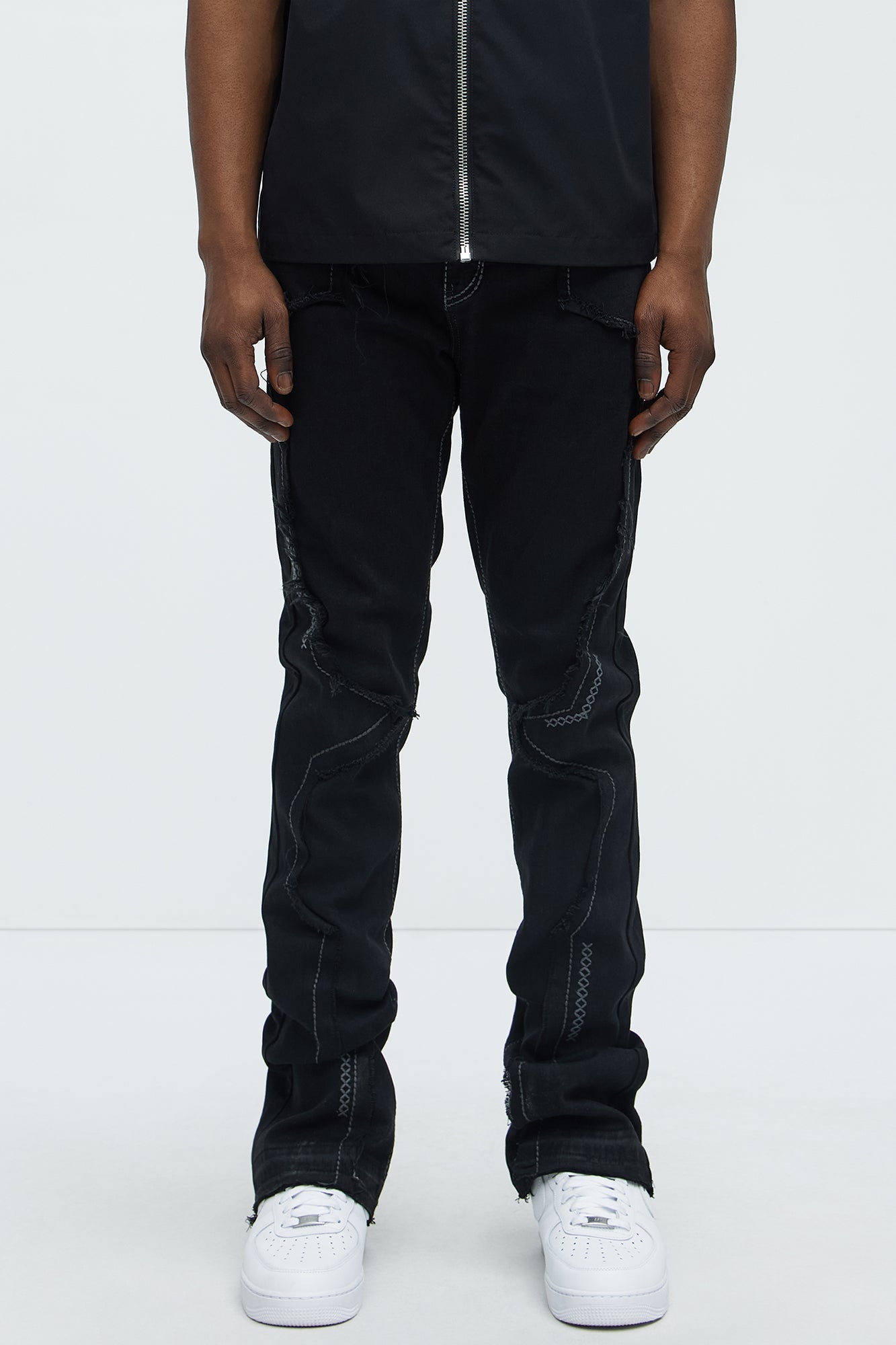 Stacked Skinny Flare Taking It Back Contrast Stitched Fray Jeans - Black