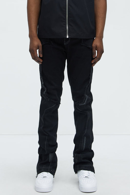 Stacked Skinny Flare Taking It Back Contrast Stitched Fray Jeans - Black