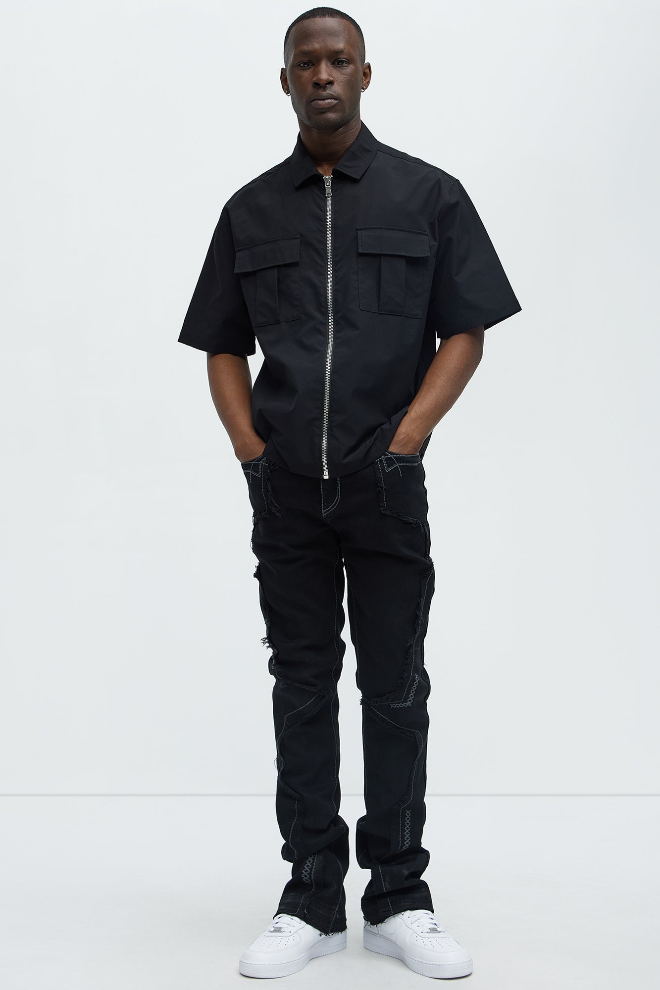 Stacked Skinny Flare Taking It Back Contrast Stitched Fray Jeans - Black