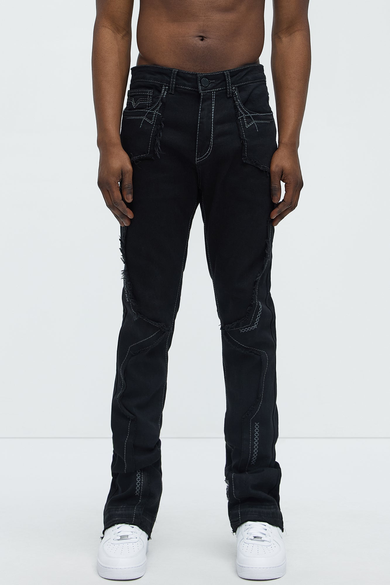 Stacked Skinny Flare Taking It Back Contrast Stitched Fray Jeans - Black