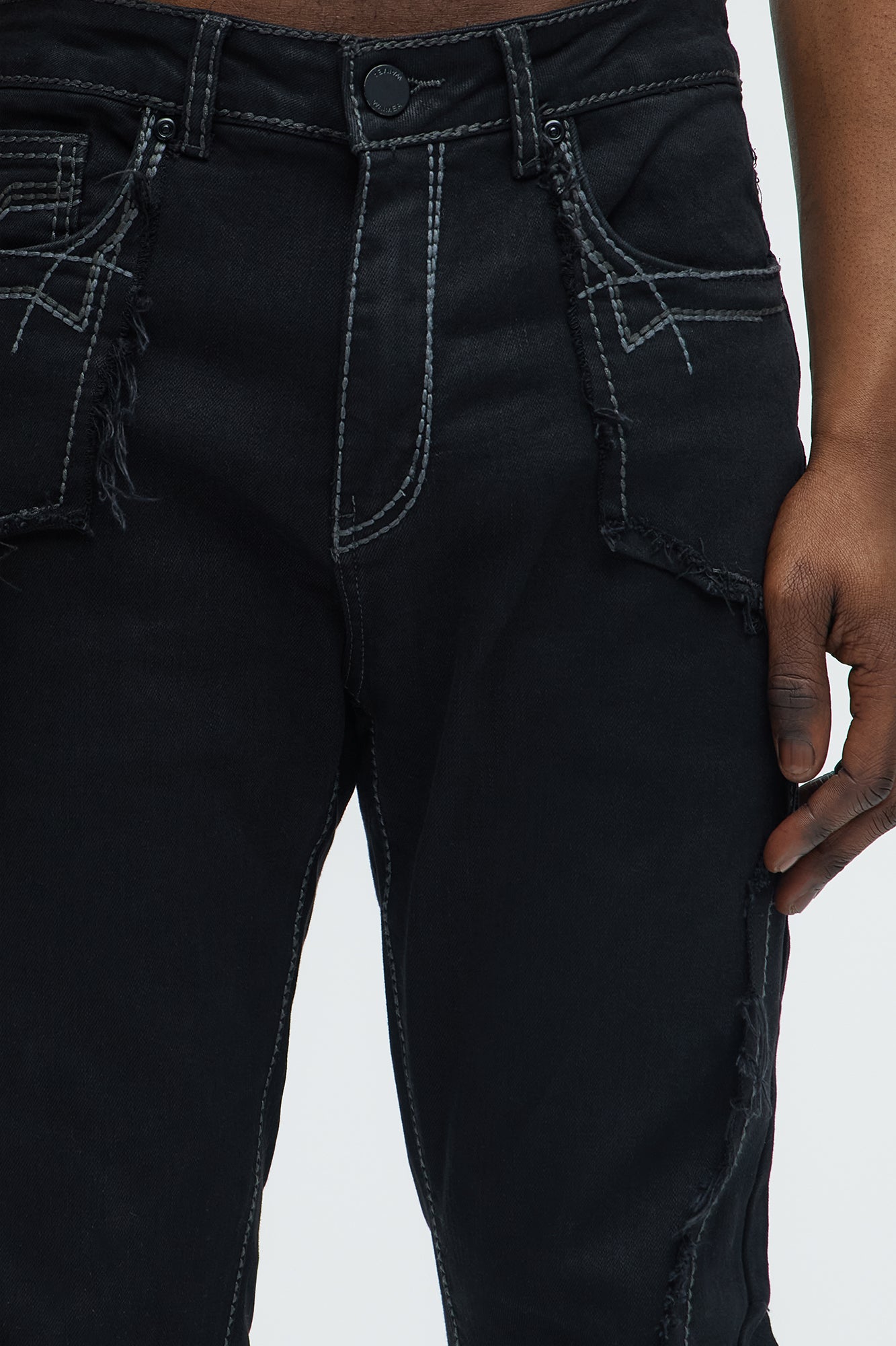 Stacked Skinny Flare Taking It Back Contrast Stitched Fray Jeans - Black