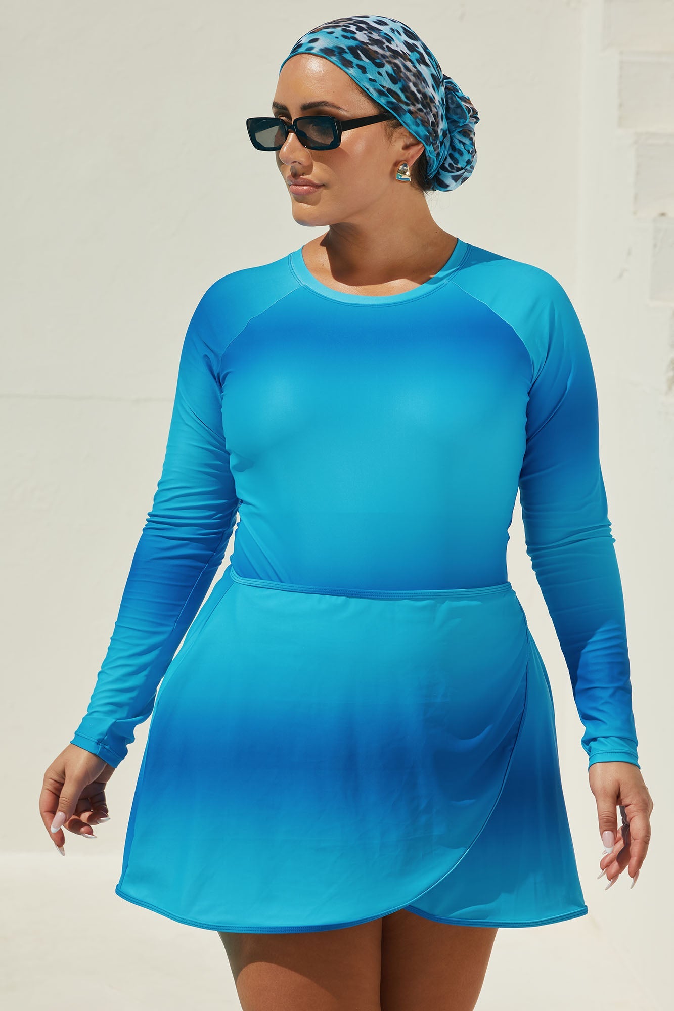 Fatima Rashguard Leggings & Skirt 3 Piece Burkini Swimsuit Set - Blue/combo