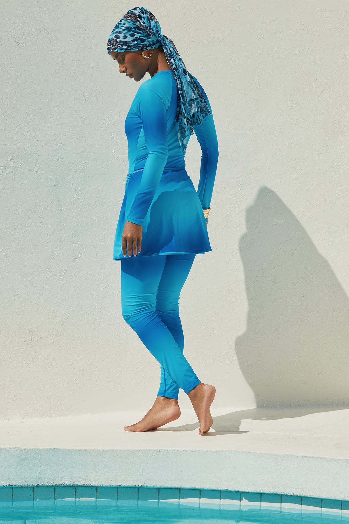 Fatima Rashguard Leggings & Skirt 3 Piece Burkini Swimsuit Set - Blue/combo