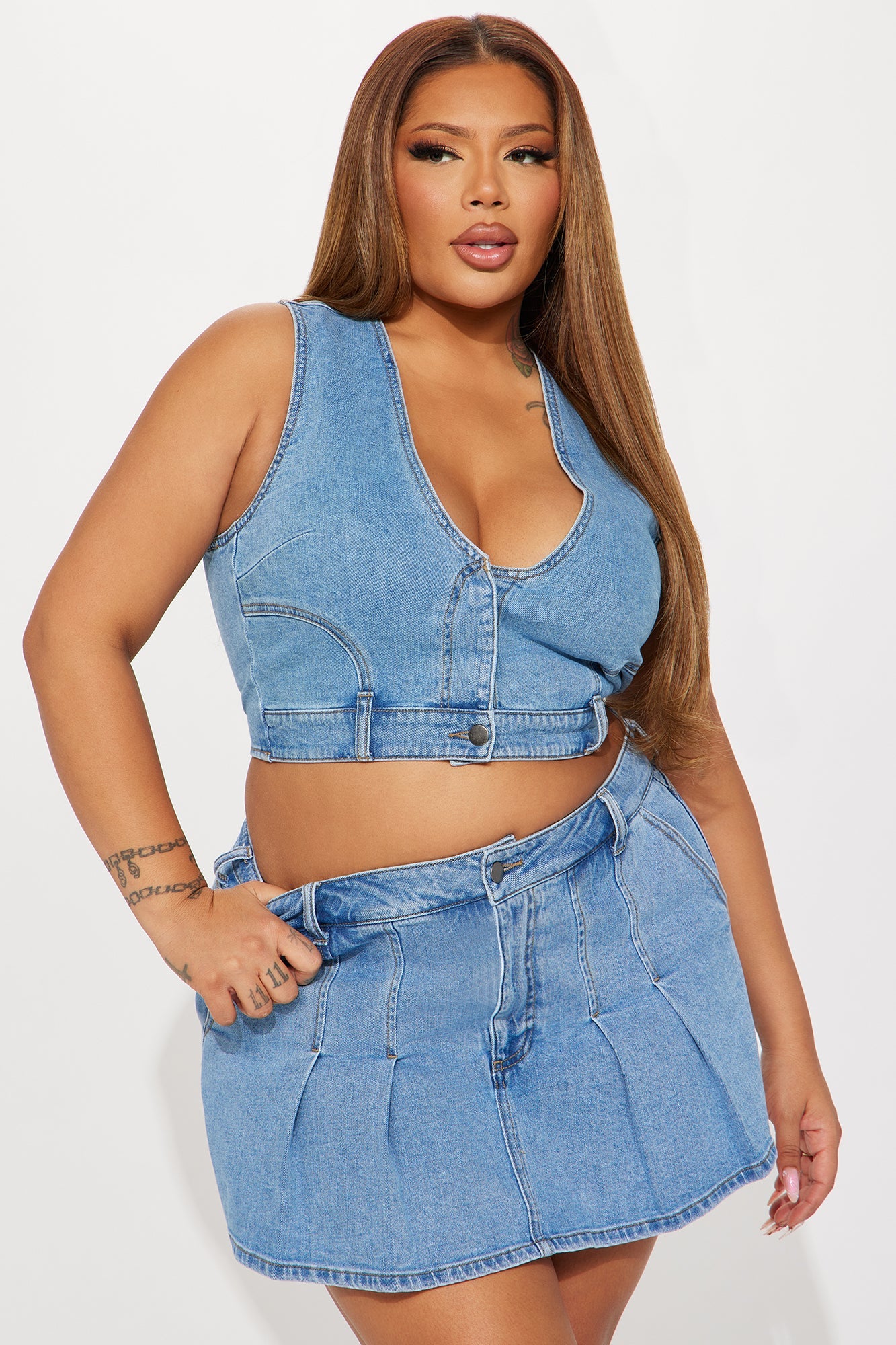 Nashville Denim Pleated Skort Set - Medium Wash
