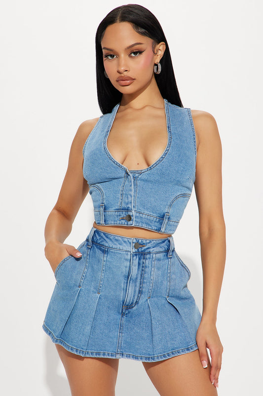 Nashville Denim Pleated Skort Set - Medium Wash